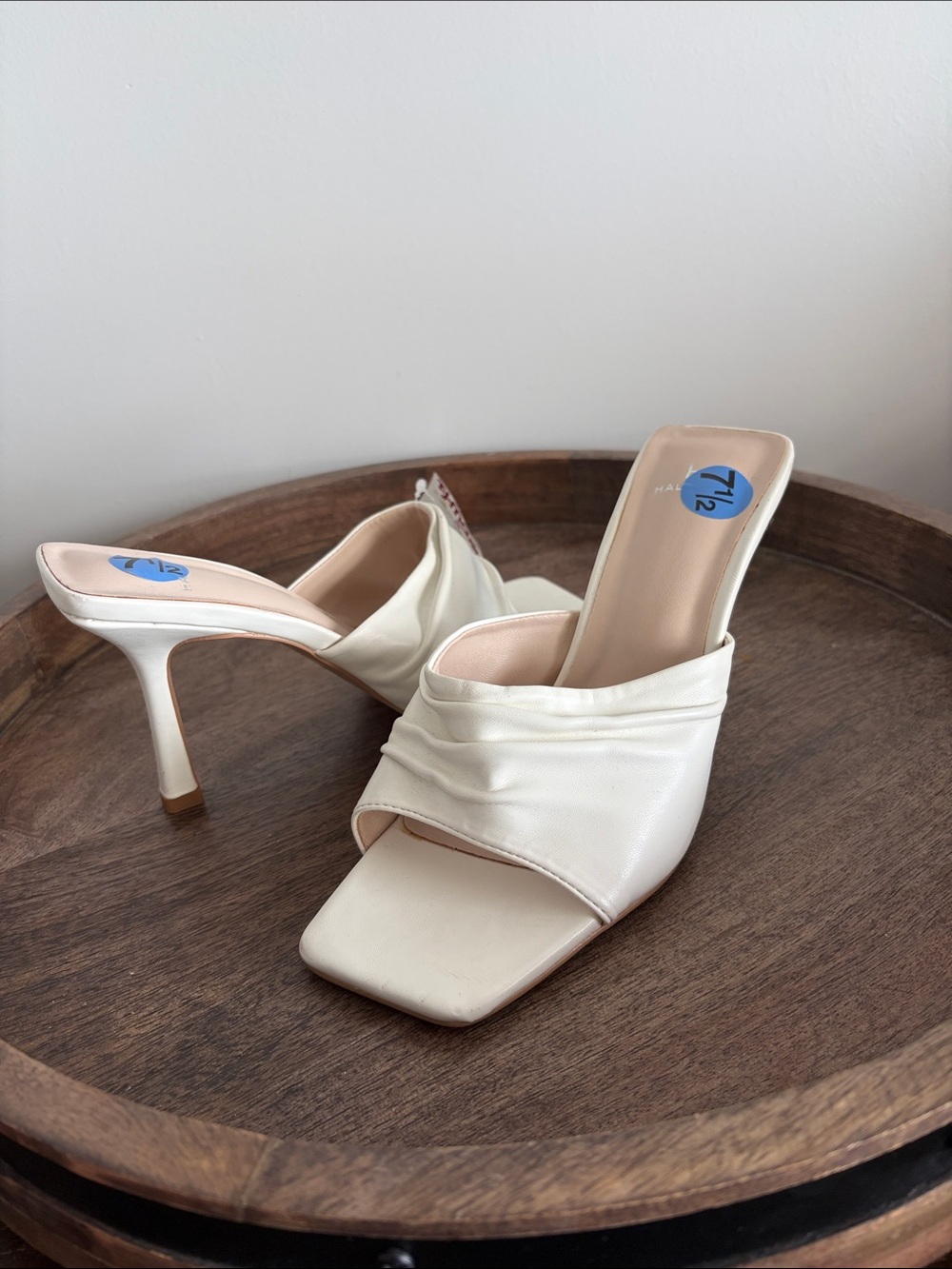 Halston Heritage Cream Ruched Square-Toe Heeled Mules. New but as is